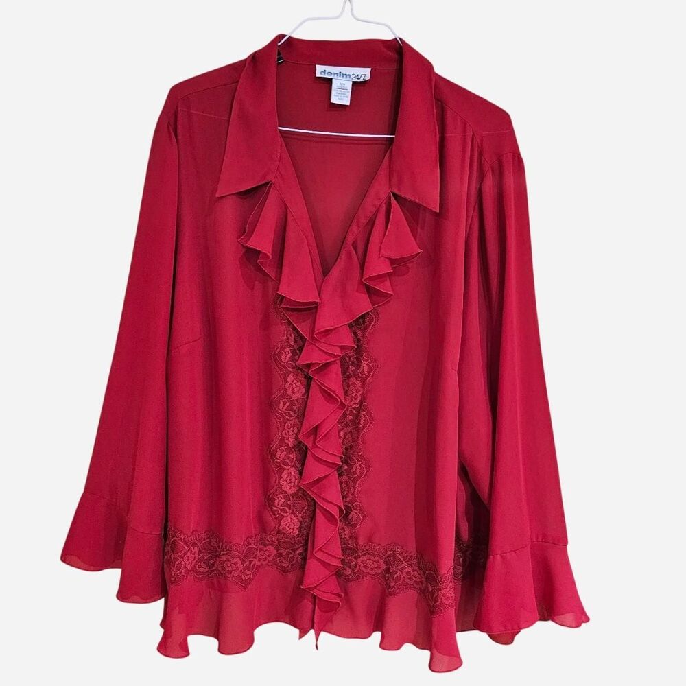 vintage boho romantic red ruffle long sleeve top plus size 32w